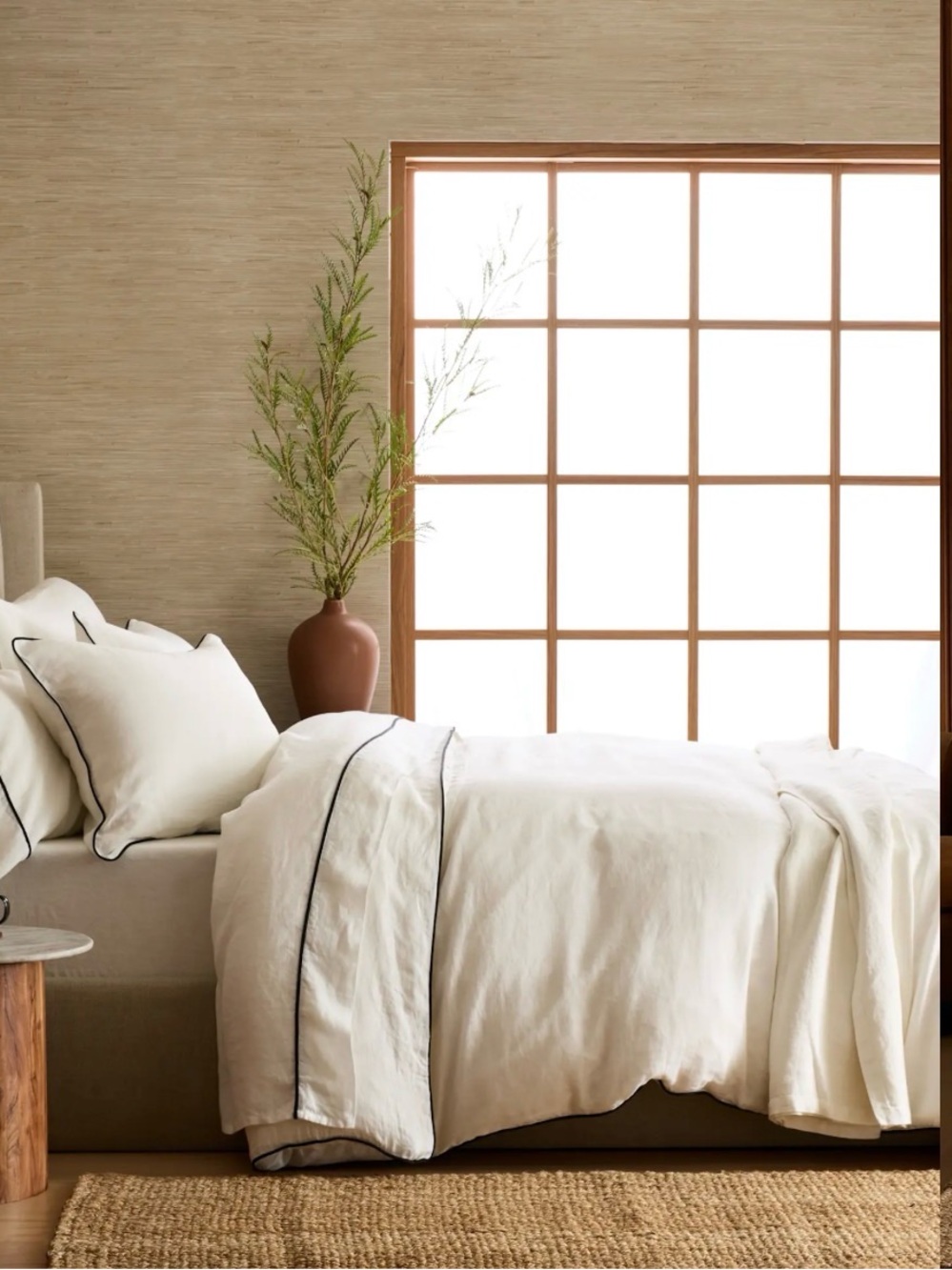 QUINCE NWOT King Linen Piped Duvet Cover Set 2 Shams White/Blue